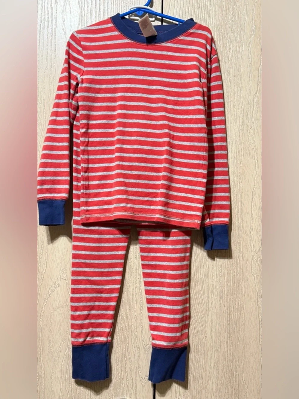 Mini Boden Red & Gray Striped Pajama Set with Navy Cuffs